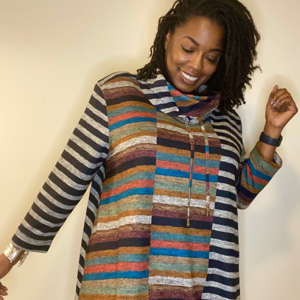 John Mark Striped Draw String Cowl Neck